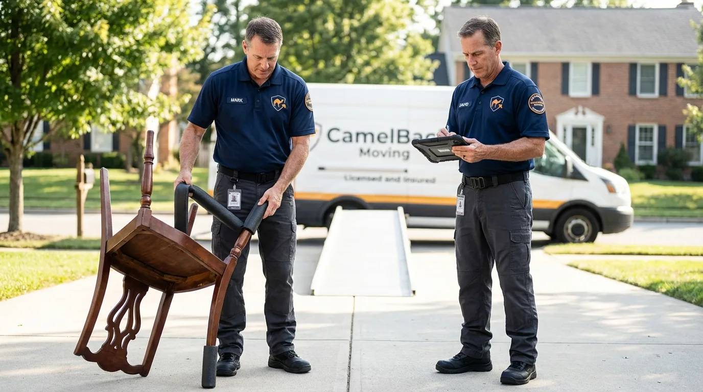 Movers inspecting furniture for damage prevention before loading in Takoma Park, MD