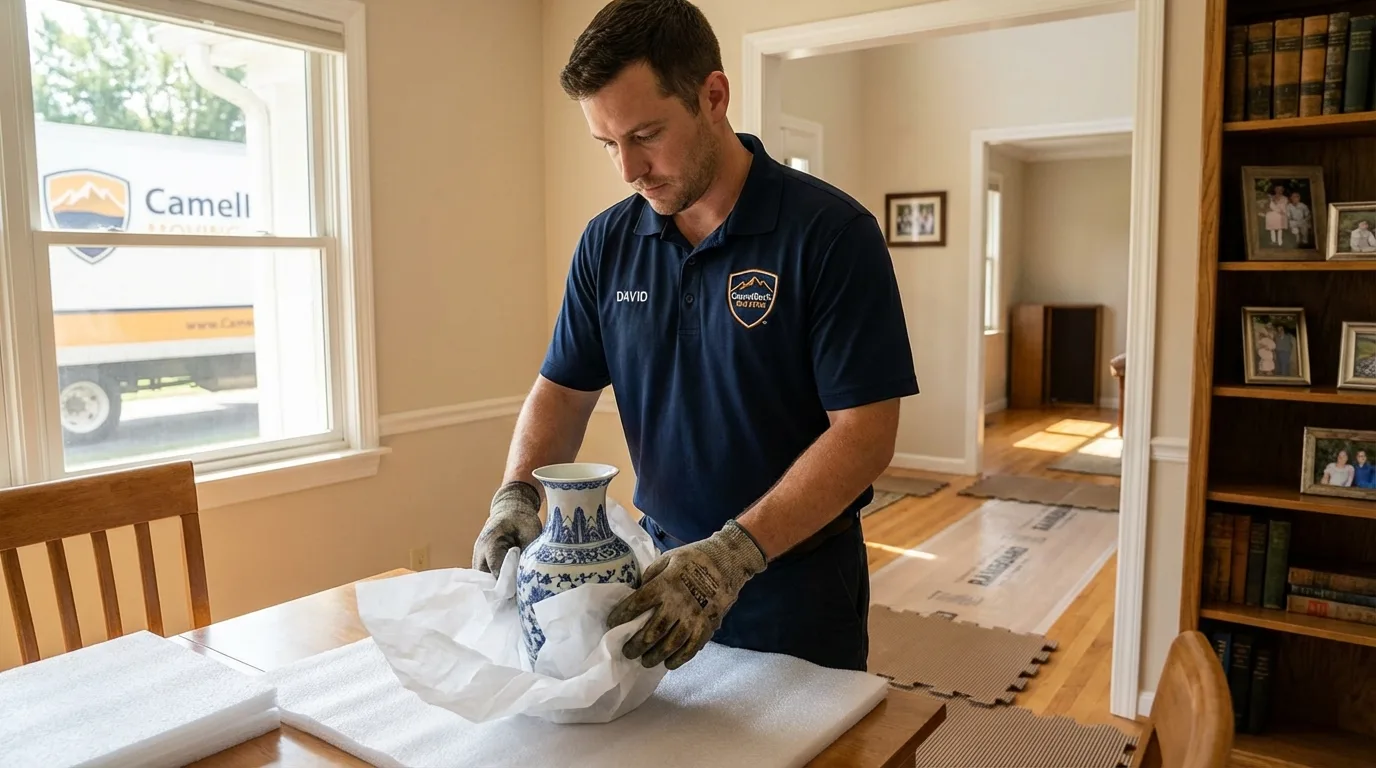 Professional crew carefully wrapping antique vase for senior downsizing move in Takoma Park, MD